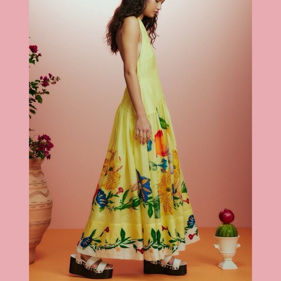 Women Halter Midi Dress Size L Deep Neckline Sleeveles Floral Yellow Lemon Linen - Picture 3 of 16